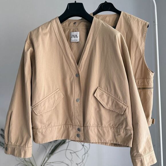 Zara Set Jacket Vest NWT Medium Cotton Oversized Beige Limited Edition - Picture 3 of 3